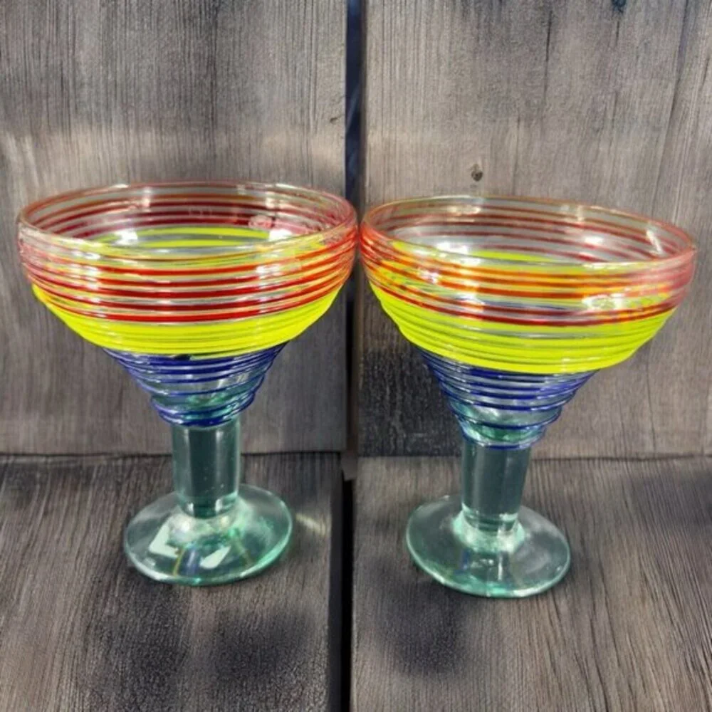 Hand Blown Glass‎ Margarita Glasses Set 2 Hand Made Glass Barware Multicolor VTG